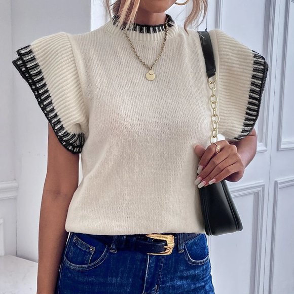 beige ribbed knit contrast binding sweater vest chic preppy classy - Picture 4 of 7